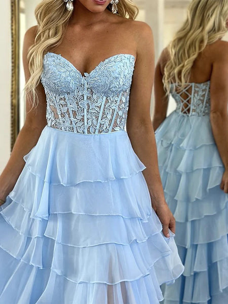 A Line Sweetheart Neck Blue Lace Chiffon Long Prom Dresses,  Lace Blue Formal Evening Dresses