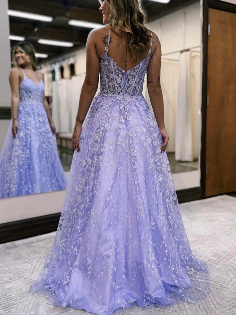 A Line V Neck Lilac/Gold Lace Floral Long Prom Dresses, Purple/Gold La morievent A Line V Neck Lilac/Gold Lace Floral Long Prom Dresses, Purple/Gold La morievent