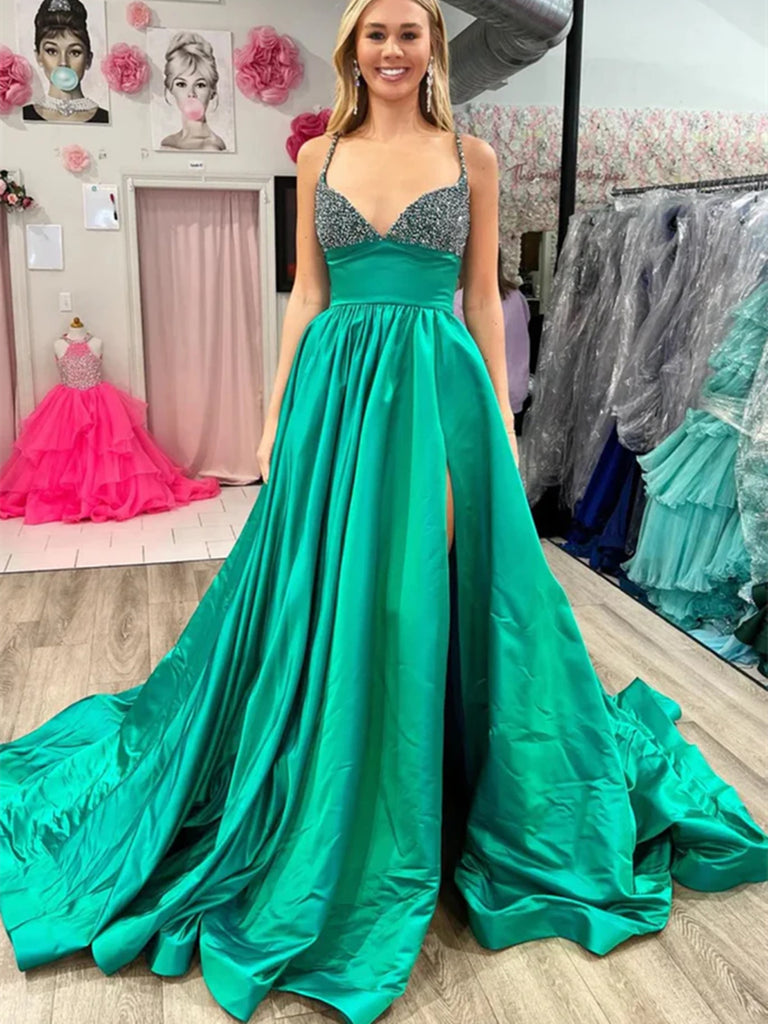A Line V Neck Beaded Green Long Prom Dresses with High Slit, Green Lon morievent A Line V Neck Beaded Green Long Prom Dresses with High Slit, Green Lon morievent