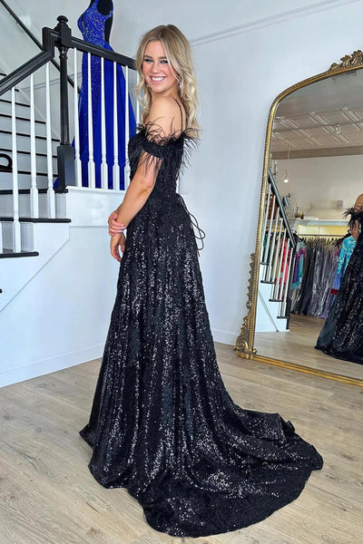 Off Shoulder Sequins Black Lace Long Prom Dresses,  Spaghetti Strap Black Backless Formal Evening Dresses