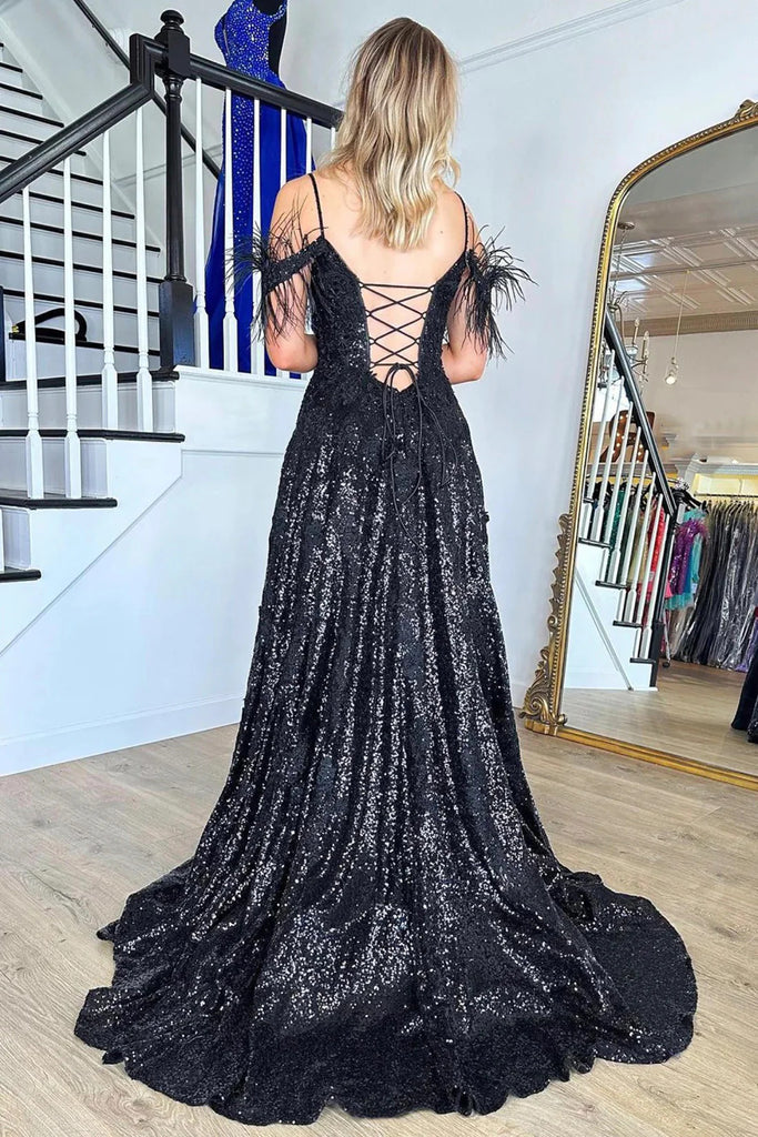 Off Shoulder Sequins Black Lace Long Prom Dresses, Spaghetti Strap Bla morievent Off Shoulder Sequins Black Lace Long Prom Dresses, Spaghetti Strap Bla morievent