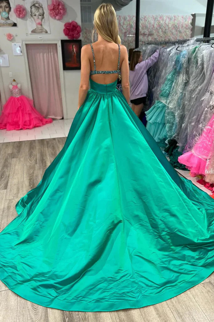 A Line V Neck Beaded Green Long Prom Dresses with High Slit, Green Lon – morievent A Line V Neck Beaded Green Long Prom Dresses with High Slit, Green Lon – morievent