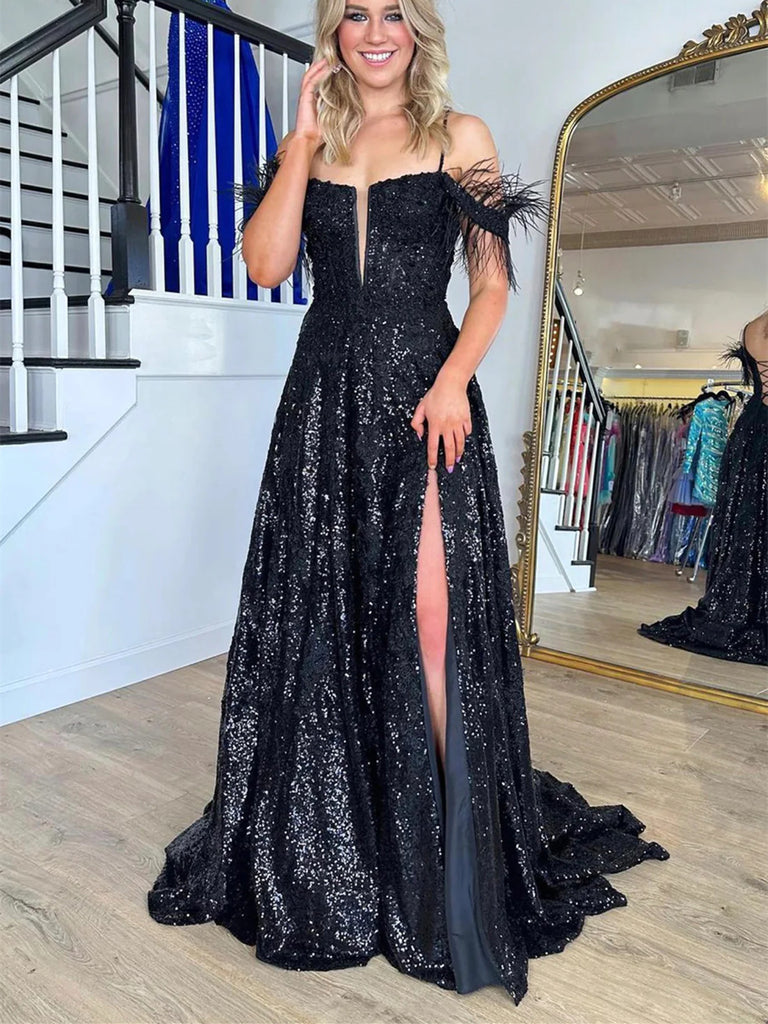 Off Shoulder Sequins Black Lace Long Prom Dresses, Spaghetti Strap Bla morievent Off Shoulder Sequins Black Lace Long Prom Dresses, Spaghetti Strap Bla morievent