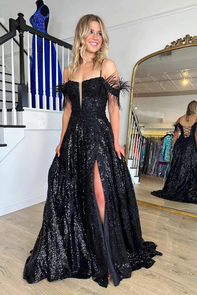 Off Shoulder Sequins Black Lace Long Prom Dresses, Spaghetti Strap Bla morievent Off Shoulder Sequins Black Lace Long Prom Dresses, Spaghetti Strap Bla morievent