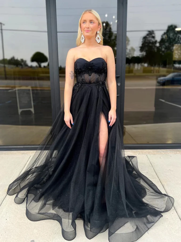 Shiny Strapless Black Tulle Long Prom Dresses with High Slit, Lace Tul morievent Shiny Strapless Black Tulle Long Prom Dresses with High Slit, Lace Tul morievent