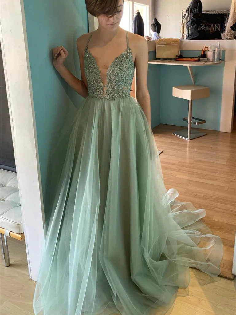 A Line V Neck Backless Sage Lace Long Prom Dresses, Open Back Lace Sag morievent A Line V Neck Backless Sage Lace Long Prom Dresses, Open Back Lace Sag morievent