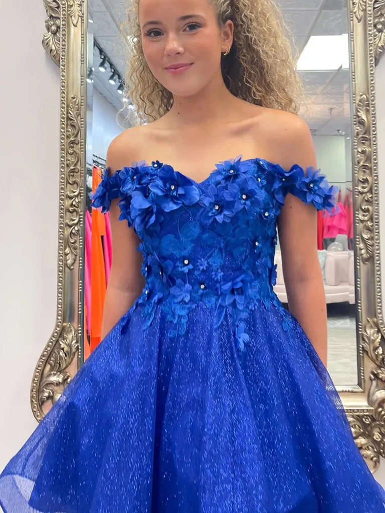 Off Shoulder Royal Blue Short Floral Prom Dresses With 3D Flowers, Sho morievent Off Shoulder Royal Blue Short Floral Prom Dresses With 3D Flowers, Sho morievent
