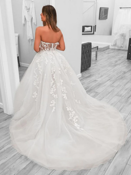 Strapless V Neck White Lace Long Prom Dresses with High Slit，White Lace Long Wedding Dresses，White Lace Formal Evening Dresses