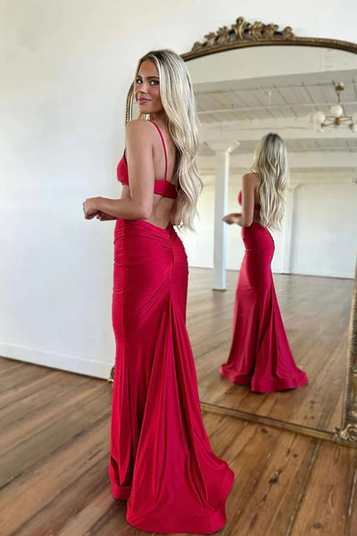 Sexy Spaghetti Straps Red Mermaid Satin Long Prom Dresses, Sheath Red Satin Long Formal Evening Dresses