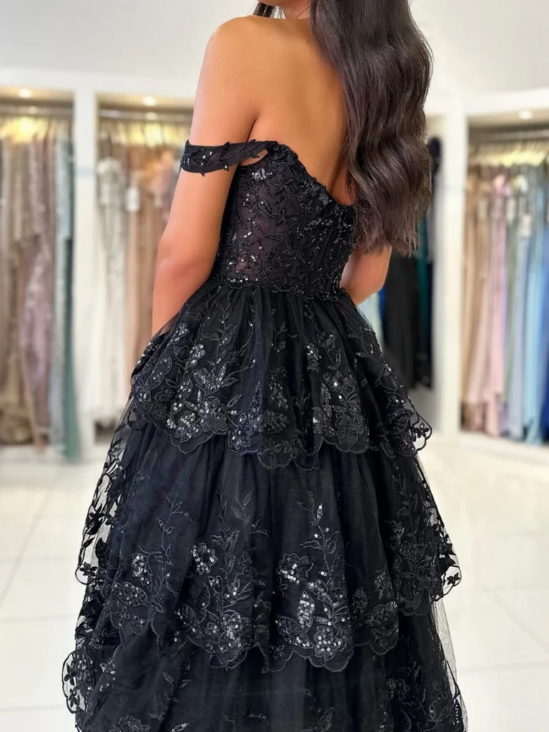 Off Shoulder Black Lace Layered Long Prom Dresses, Off the Shoulder Bl morievent Off Shoulder Black Lace Layered Long Prom Dresses, Off the Shoulder Bl morievent