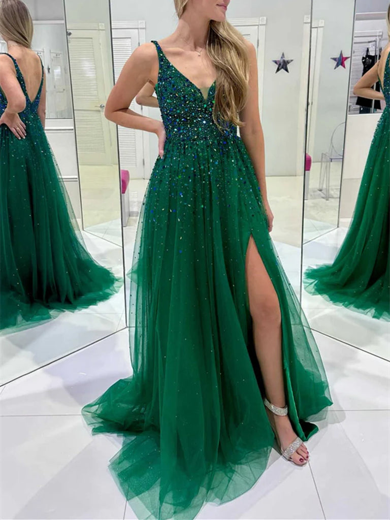 V Neck Green Sequins Long Prom Dresses with High Slit, V Back Green Beaded Formal Graduation Evening Dresses