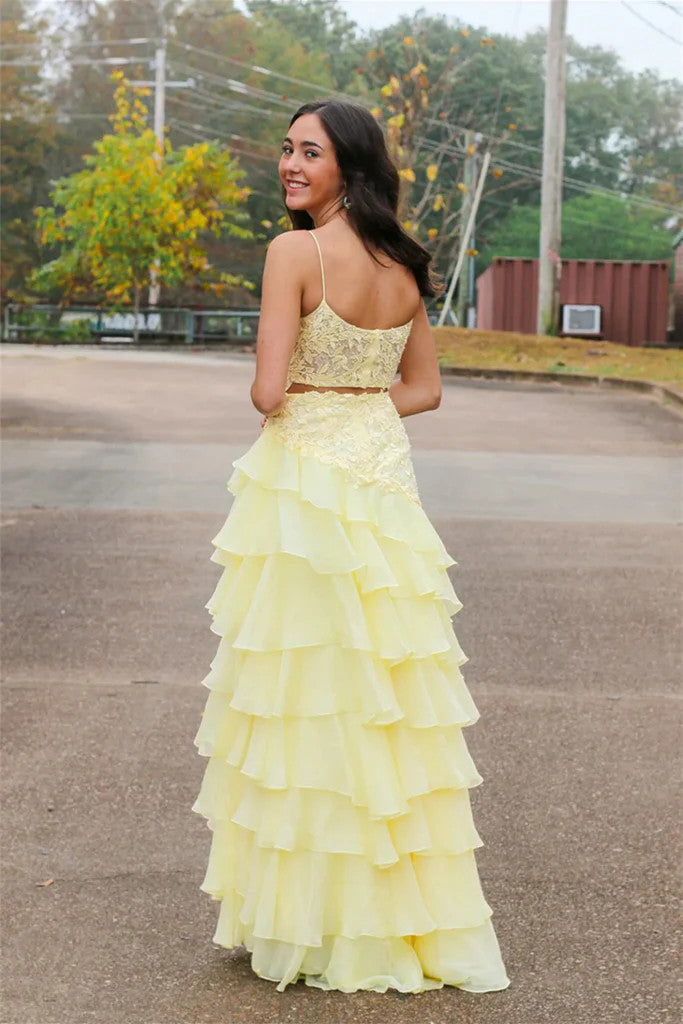 Elegant Layered Yellow Lace Long Prom Dresses with High Slit, Layered morievent Elegant Layered Yellow Lace Long Prom Dresses with High Slit, Layered morievent