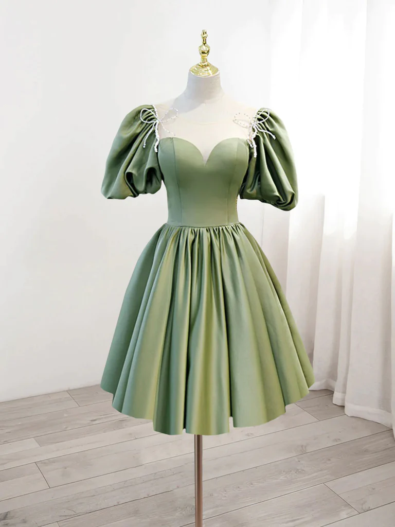 Short Sleeves Satin Short Green Prom Dresses, Short Green Formal Eveni morievent Short Sleeves Satin Short Green Prom Dresses, Short Green Formal Eveni morievent