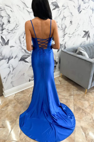Open Back Mermaid Royal Blue Long Prom Dresses with High Slit, Mermaid Royal Blue Backless Formal Evening Dresses