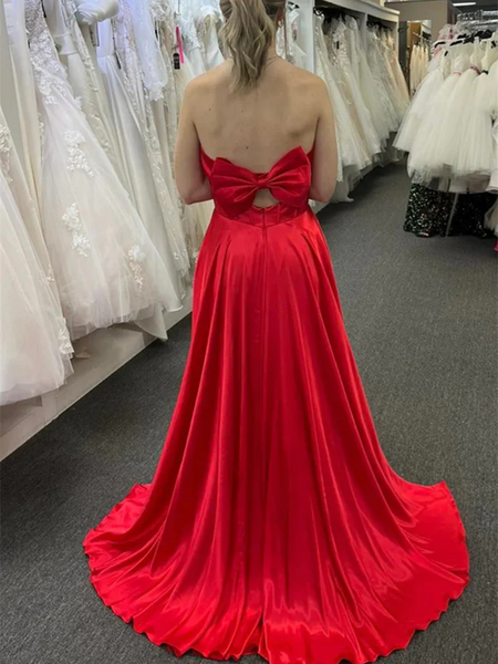 Strapless V Neck Red Long Prom Dresses with High Slit, V Neck Red Open Back Formal Evening Dresses
