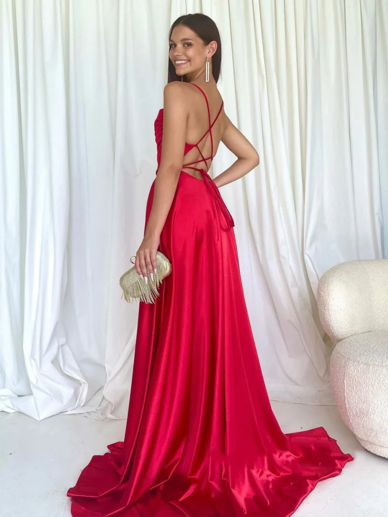 Simple A Line Long Backless Red Satin Prom Dresses with High Slit, Ope morievent Simple A Line Long Backless Red Satin Prom Dresses with High Slit, Ope morievent