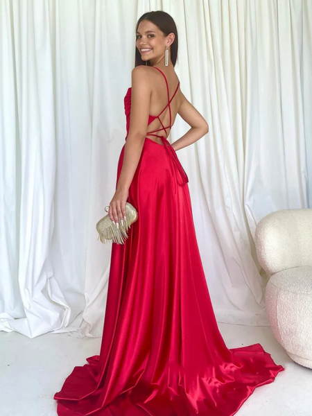 Simple A Line  Long Backless Red Satin Prom Dresses with High Slit,  Open Back Red Satin Long Formal Graduation Evening Dresses