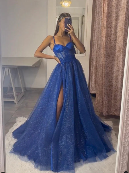 A Line Sweetheart Neck Tulle Lace Blue Long Prom Dresses, Blue Lace Tulle Long Formal Evening Dresses