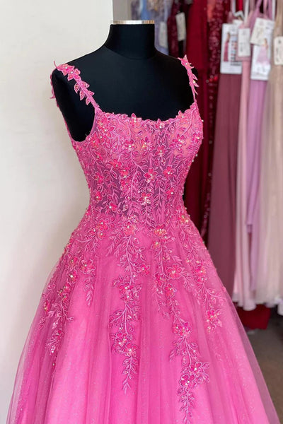 Simple Pink Lace Floral Tulle Long Prom Dresses, Pink Lace Appliques Tulle Long Formal Evning Dresses