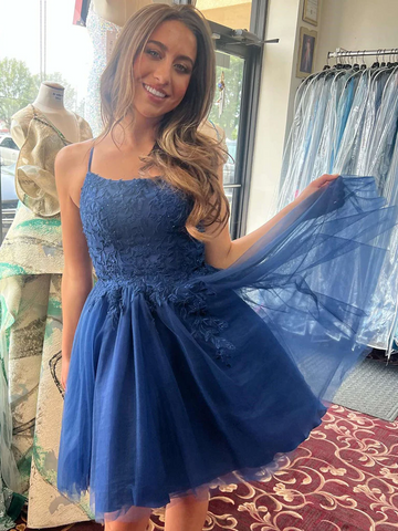 A Line Straps Navy Blue Lace Short Prom Dresses, Short Lace Dark Blue Formal Evening Homecoming Dresses