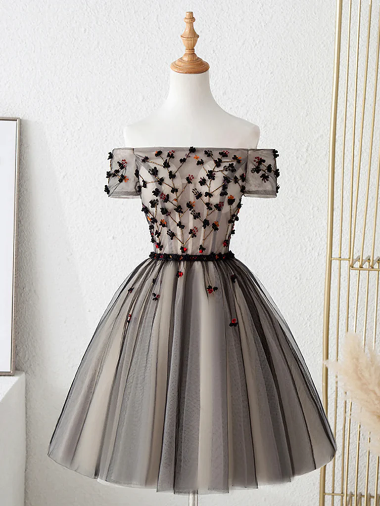 Off the Shoulder Short Black Floral Tulle Prom Dresses, Off Shoulder S morievent Off the Shoulder Short Black Floral Tulle Prom Dresses, Off Shoulder S morievent