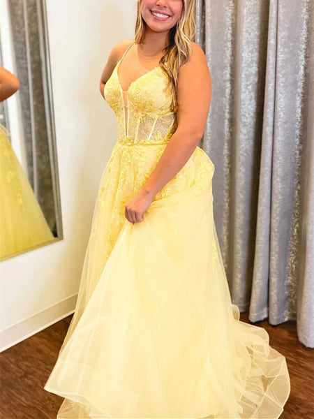A Line V Neck Yellow Long Prom Dresses with Lace Appliques, V Neck Yellow Lace Long Formal Evening Graduation Dresses
