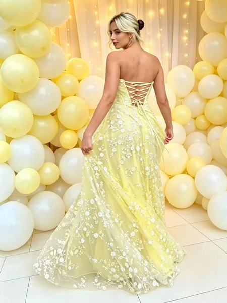 Strapless Yellow Lace Long Prom Dresses with Appliques，Yellow Formal  Evening Graduation Dresses