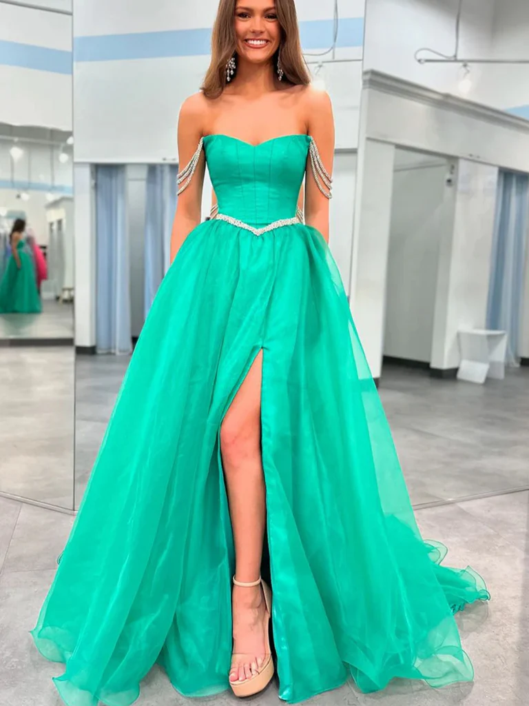Beaded Green Off The Shoulder Green Long Prom Dresses with High Slit, morievent Beaded Green Off The Shoulder Green Long Prom Dresses with High Slit, morievent