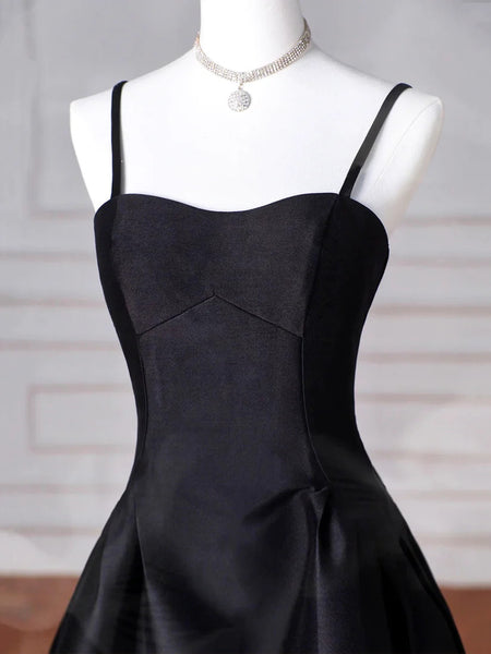 Black Spaghetti Strap Satin Long Prom Dresses, A Line Black Formal Evening Dresses