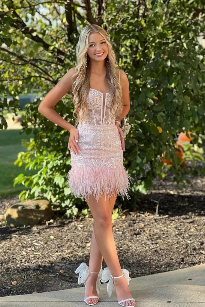 Short V Neck Pink Lace Prom Dresses with Feather, Short Pink Lace Form morievent Short V Neck Pink Lace Prom Dresses with Feather, Short Pink Lace Form morievent