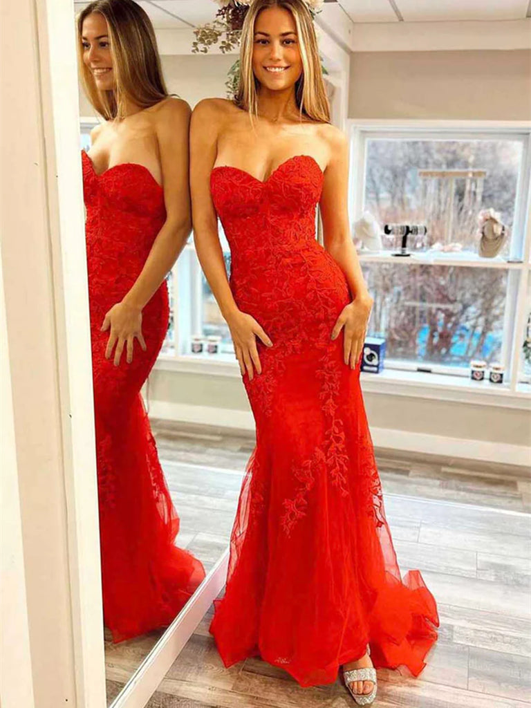 Strapless Red Mermaid Lace Long Prom Dresses, Strapless Red Mermaid Lace Long Evening Party Dress