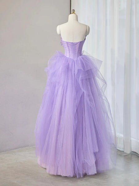 A Line Sweetheart Neck Tulle Purple Long with 3D Flowers, Purple Sweetheart Neck Tulle Lace Applique Long Formal Evening Dresses
