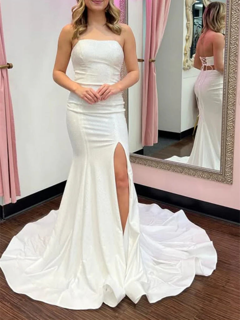 Strapless Mermaid White Satin Long Prom Dresses with High Slit, Mermai morievent Strapless Mermaid White Satin Long Prom Dresses with High Slit, Mermai morievent