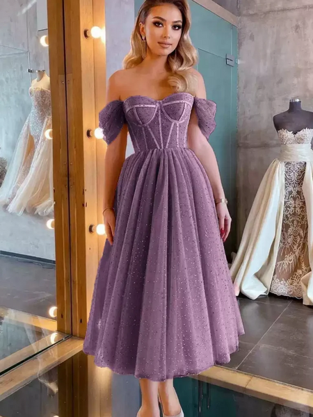 Off Shoulder Purple Beaded Tea Length Prom Dresses,Off the Shoulder Purple Beaded Tea Length Formal  Evening Graduation Dresses