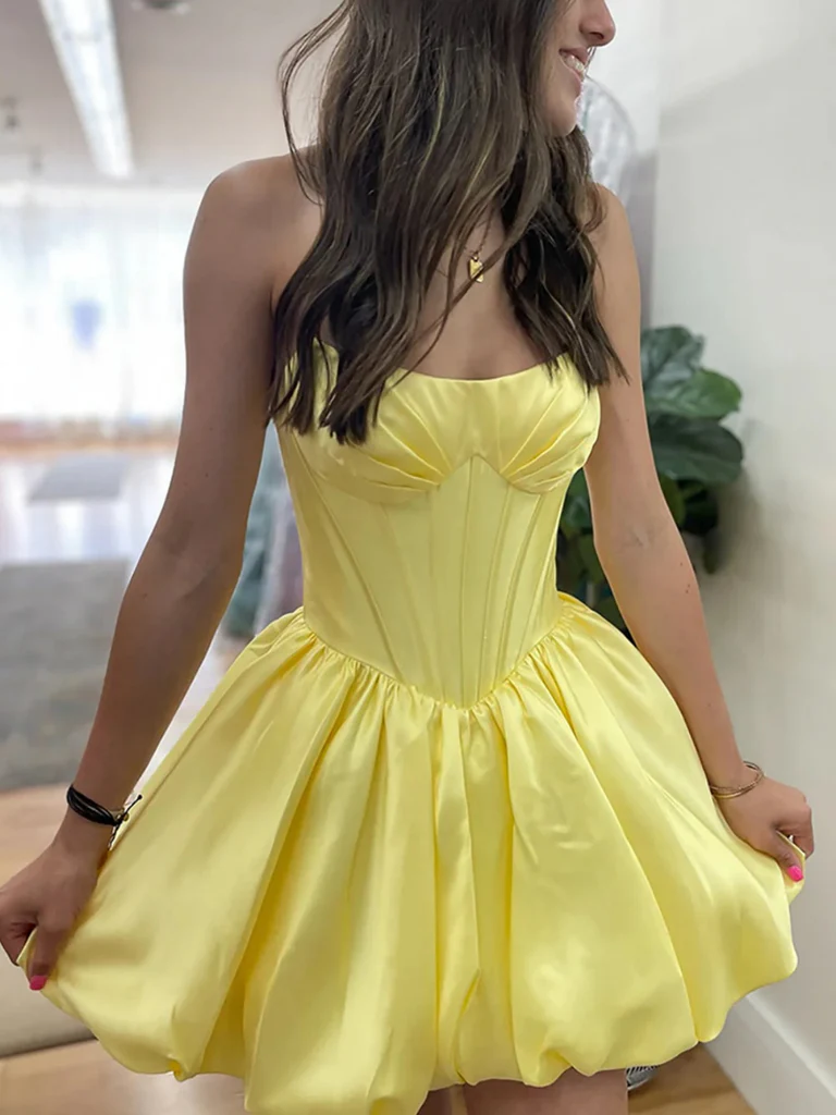 Strapless Yellow Satin Short Prom Dresses, Yellow Formal Evening Homec – morievent Strapless Yellow Satin Short Prom Dresses, Yellow Formal Evening Homec – morievent