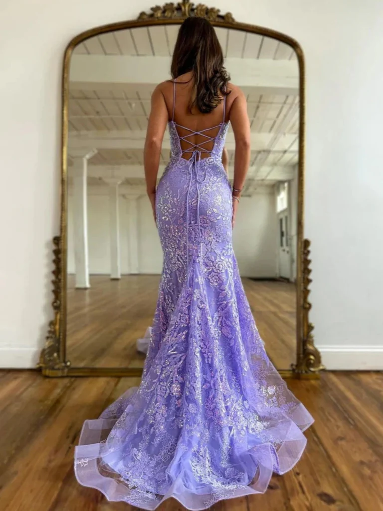 Open Back Mermaid Purple Lace Prom Dresses, Backless Mermaid Purple La morievent Open Back Mermaid Purple Lace Prom Dresses, Backless Mermaid Purple La morievent