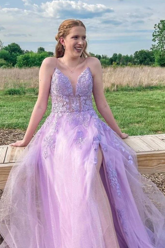 V Neck Purple Lace Long Backless Long Prom Dresses, V Neck Lilac Lace morievent V Neck Purple Lace Long Backless Long Prom Dresses, V Neck Lilac Lace morievent