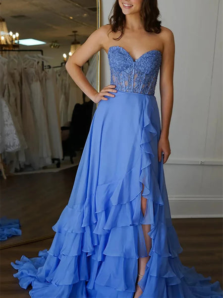 Strapless Layered Blue Lace Long Prom Dresses with High Slit, Layered Blue Lace Long  Formal Graduation Evening Dresses