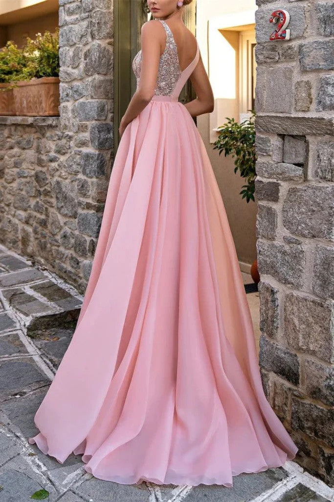 V Neck Pink Lace Long Prom Dresses with High Slit, V Neck Pink Chiffon morievent V Neck Pink Lace Long Prom Dresses with High Slit, V Neck Pink Chiffon morievent