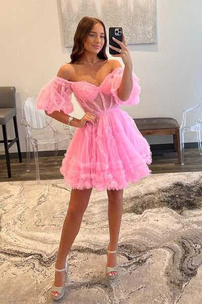 Princess Off  Shoulder Pink Short Prom Dresses, Short Off The Shoulder Pink Homecoming  Formal Evening Dresses