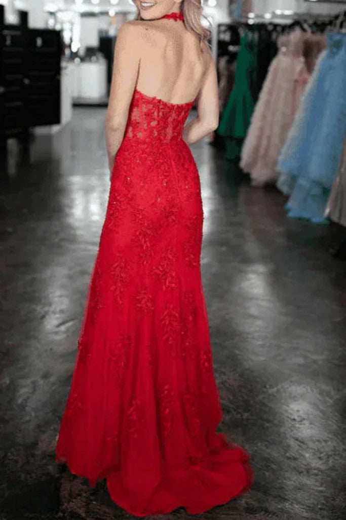 Halter V Neck Backless Mermaid Red Lace Long Prom Dresses with High Sl morievent Halter V Neck Backless Mermaid Red Lace Long Prom Dresses with High Sl morievent