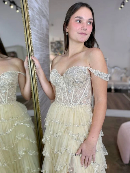 Elegant Off Shoulder Champagne Lace Long Prom Dresses with High Split, Champagne Lace Formal Evening Dresses