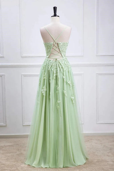 A Line V Neck Beaded Green Lace Long Prom Dresses, V Neck Beaded Green Lace Long Formal Evening Dresses