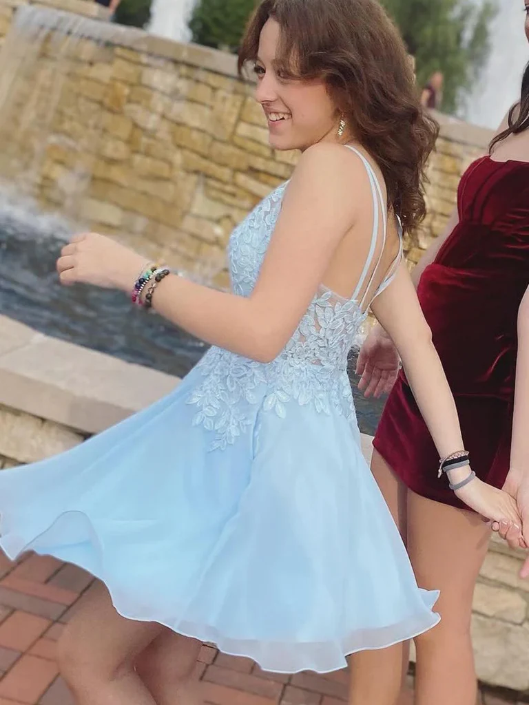 Short V Neck Light Blue Lace Prom Dresses, Light Blue Lace Backless Fo morievent Short V Neck Light Blue Lace Prom Dresses, Light Blue Lace Backless Fo morievent