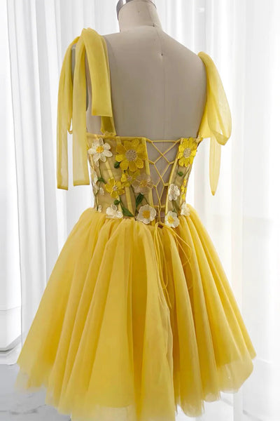 Knee Length Yellow Lace Tulle Short Prom Dresses, Cute 3D Flowers A Line Yellow Formal Evening Dresses