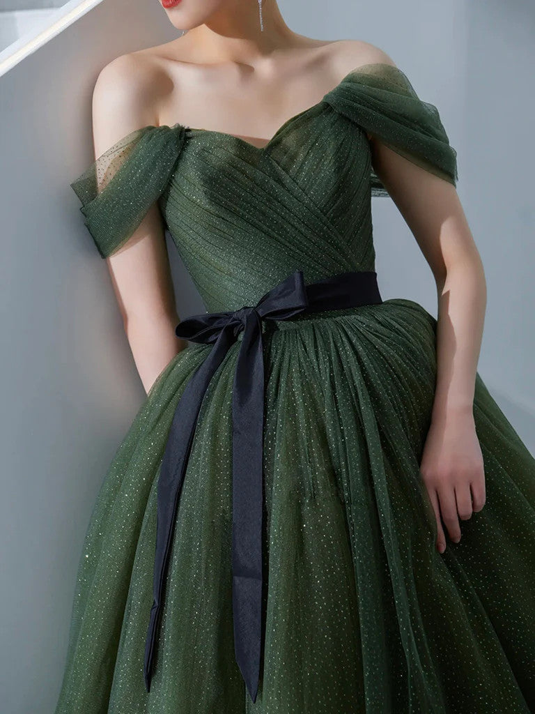 A Line Off The Shoulder Tulle Green Long Prom Dresses, Off Shoulder Tu morievent A Line Off The Shoulder Tulle Green Long Prom Dresses, Off Shoulder Tu morievent
