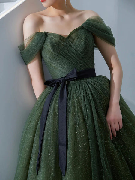 A Line Off The Shoulder Tulle Green Long Prom Dresses, Off Shoulder Tulle Green Long Formal Evening Dresses