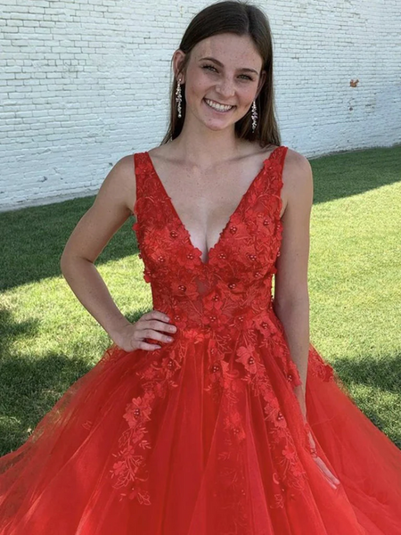 V Neck Red Beaded Lace Long Prom Dresses, Red V Neck Beaded Lace Formal Evening Ball Gown