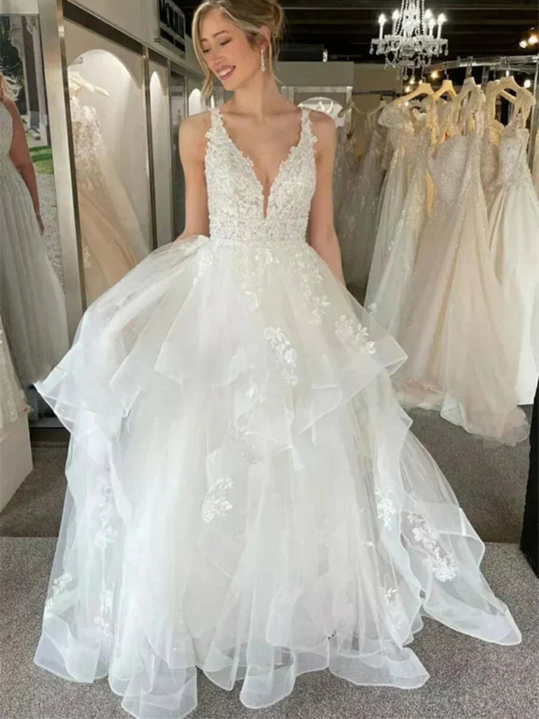 A Line V Neck White Lace Beach Tiered Ruffles Long Prom Dresses, Beach morievent A Line V Neck White Lace Beach Tiered Ruffles Long Prom Dresses, Beach morievent