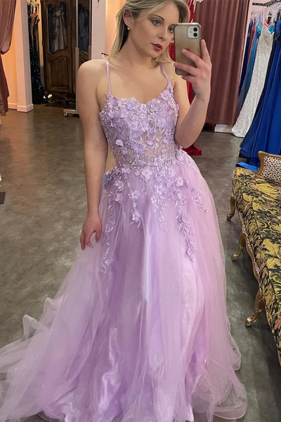 Purple Beaded Lace Floral Long Prom Dresses, Beaded Lilac Lace Floral Long Formal Evening Dresses